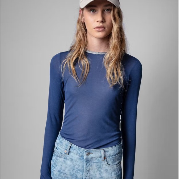 NWOT Zadig & Voltaire Willy Foil T-Shirt Navy Long Sleeve Silver Foil Tee, XS - Picture 1 of 14